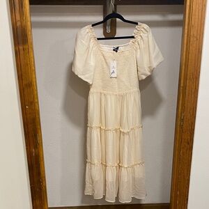 Chic Cream Midi Dress with Smocked Bodice